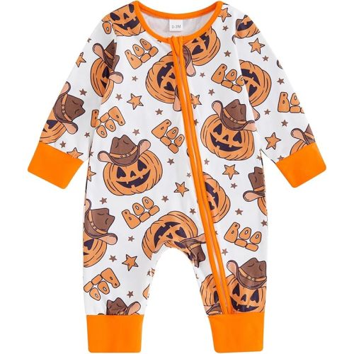 FIOMVA Baby Boy Girl Halloween Outfit Newborn Boo Pumpkin Romper Infant Long Sleeve Jumpsuit Western Fall Winter Clothes