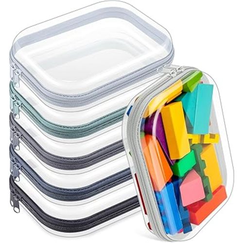 Sanwuta 6 Pcs Clear Hard Zipper Case Hard Plastic Zipper Pouches Transparent Makeup Bag Pencil Pouches for Travel Snacks Christmas Trinket Storage Organizer Box(Blue-green,7.87 x 5.9 x 2 Inch)