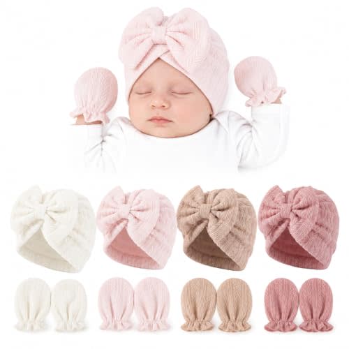 4 Sets Newborn Baby Girl Bow Hats & Mittens, Soft Cotton Preemie Hospital Beanies, Stay-On No-Scratch Gloves, Infant Essentials 0-3 Months (Taro,Light Pink,Apricot,White)