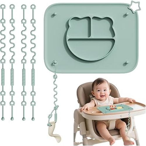 1 Pack Silicone Mat for Babies, Baby Placemat Built-in Suction Base and Equipped 4 Toy Straps & Anti-Peel Design, Activity Mat for Infants to Toddlers, Keeps Babies Essentials Off The Floor, Green