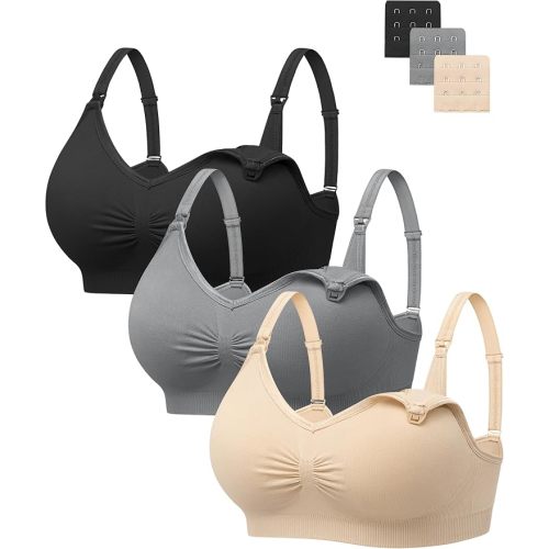 Angelhood Womens Seamless Sleep Nursing Bra,Breastfeeding Maternity Bra with Remove Bra Pads Extenders Pack of 3