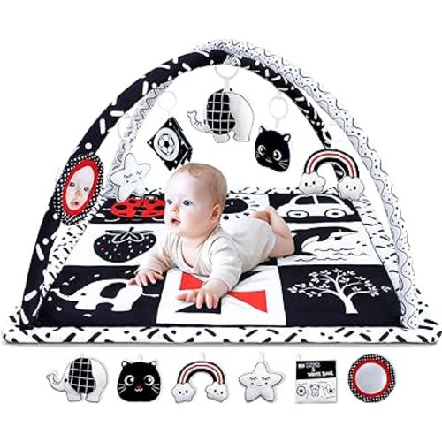 Poycuna Black and White Baby Gym Play Mat with 6 Toys Tummy Time Activity Mat for Babies 0-6 6-12 Months High Contrast Baby Gyms & Playmats Sensory Toys Newborn Brain Development Infant Play Mat
