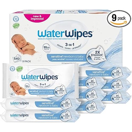 WaterWipes Sensitive+ Newborn & Baby Wipes, 3-In-1 Cleans, Cares, Protects, 99.9% Water, Unscented & Hypoallergenic, 540 Count (9 Packs)