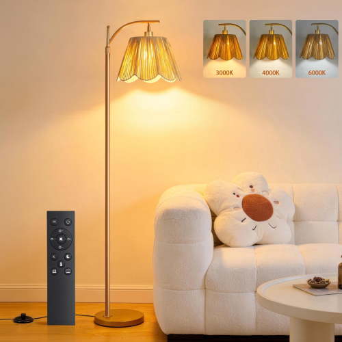 67" Arc Floor Lamp for Living Room,Rattan Boho Floor Lamp with Remote Control,3 Color Temperature Dimmable Standing Lamp Tall Pole Lamps for Bedroom,Gold,Bulb Included