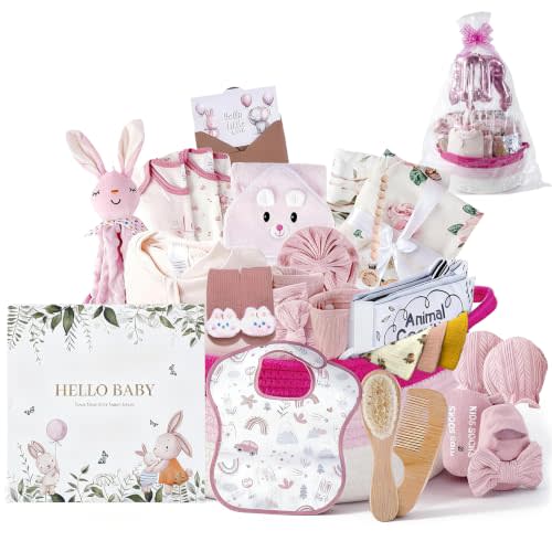 25-Pcs Luxury Baby Gift Basket Set, 0-12M Baby Shower Basket | Baby Shower Gifts with Keepsake Memory Book, Ultimate Newborn Essentials in Woven Basket for Unforgettable Welcome Gift, Pink