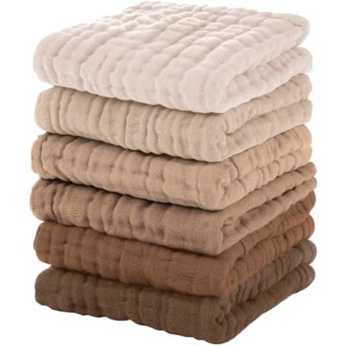 Unnivoll Muslin Burp Cloths Baby 12''X12'', Baby Washcloths 6 Pack, 100% Cotton Baby Wash Cloths Absorbent and Soft for Newborn Infants Kids Boys Girls - Gradient Brown