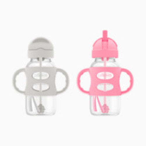 Dr. Brown's Wide-Neck Sippy Straw Bottle with Silicone Handles (2 Pack) - Gray & Pink, 9 Oz, 2