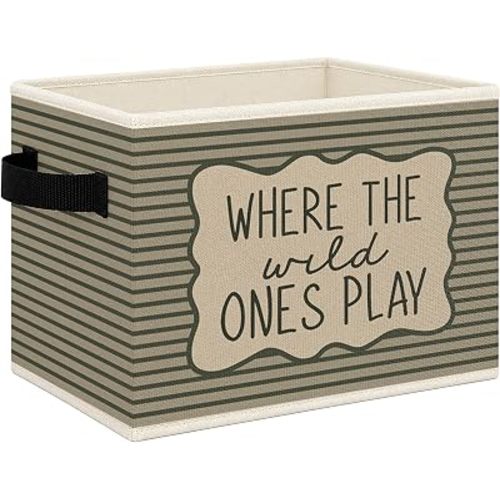 Retro Kids Foldable Storage Bins Box with Handles, Green Striped Where the Wild Ones Play Collapsible Toys Books Clothes Organizer Basket for Kids Boy Nursery Room Bedroom Bathroom Playroom