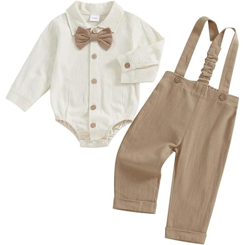 Infant Baby Boys Gentleman Outfits Long Sleeve Bowtie Romper+Suspender Overalls Pants Set Wedding Set Formal