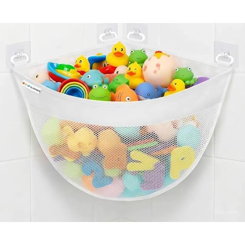 Bath Toy Holder Corner, Kids Bath Toy Net for Tub, Bathtub Holder Basket, Storage Bin Hammock Organizer, Shower Caddy Hanging Mesh Bag, Baby Bathroom Storage with 6 Adhesive Wall Hooks