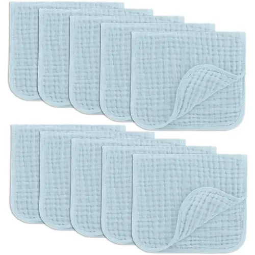 Comfy Cubs Muslin Burp Cloths 20" x 10", Pack of 10 - Large, 6-Layer, Ultra Absorbent 100% Cotton for Baby Drool and Messes - Soft, Safe & Gentle Baby Burp Cloths for Boys & Girls - Sky Blue