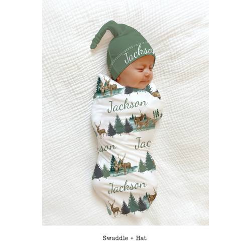 PERSONALIZED Woodland Deer Swaddle Baby Blanket / Hunting Animal Baby Shower Gift Set Newborn Baby Boy Coming Home Outfit Hospital Photo