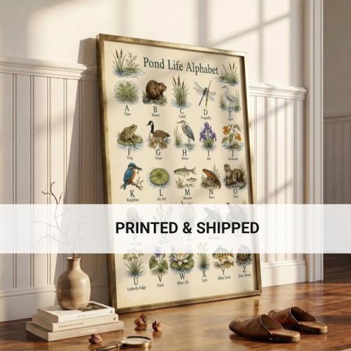 Vintage Pond Life Alphabet Print Watercolor ABC Educational Nursery Poster
