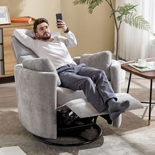 Manual Recliner 360°Swivel Glider Rocking Chair,Nursery Adult Rocker Glider Chair Upholstered Recliner with 2 Pillows for Living Room Bedroom Nursery(Light Grey, Manual Operation)