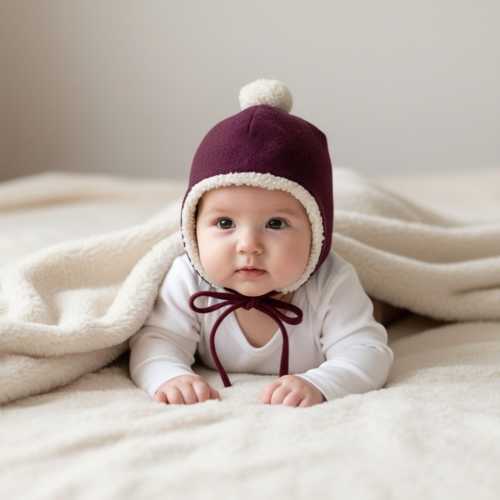 Baby Winter Hat, Italian Virgin Wool, Organic Cotton Lining, Pompom