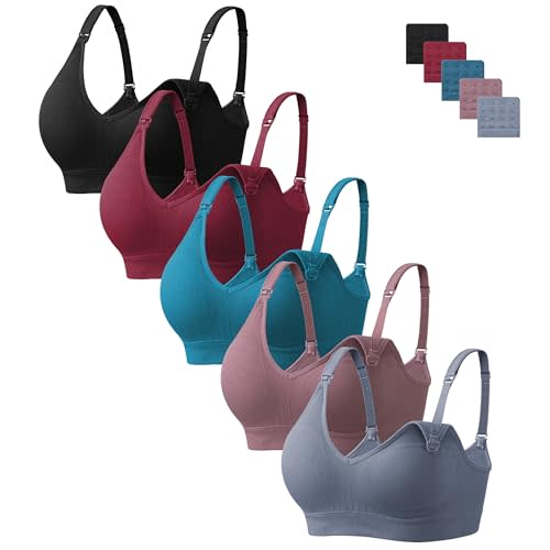 HBselect Nursing Bras for Breastfeeding 5Pack Women Maternity Bras | V Neck Nursing Bras S-3XL, Comfort Maternity Bra, Seamless Wireless Pregnancy Postpartum Sleep Bralette with Bra Extenders