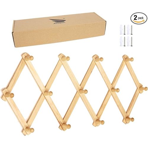 AMAPON Accordion Style Expandable Wall Wooden Coat Rack 13 Hooks (Pegs) Hang Hats Jackets Coffee Mug Purses Necklaces Towels Cap Leash Scarves Data Line Kitchenware (2 Packs)