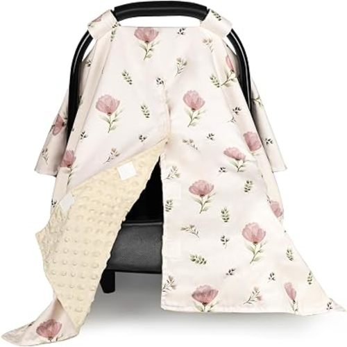 Car Seat Cover Baby for Girls, Peekaboo Opening Baby Carseat Covers, Universal Car Seat Canopy Cover & Nursing Cover, 360° Full Coverage Sun & Wind Protector, Floral, Simple Floral