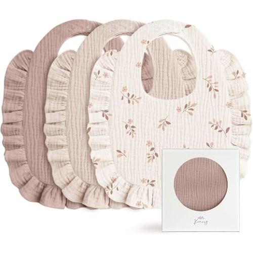 Konssy Muslin Baby Bibs for Girls – Soft 100% Cotton Drool Bibs, Ruffle Trim for Newborns & Toddlers 0-36 Months 3-Pack