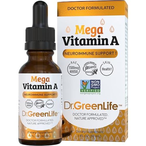 Dr. Green Mom Mega Vitamin A Liquid Drops | 1500 mcg RAE Per 1 Drop, 1180 Servings Per Bottle | Certified Organic, Non-GMO in Organic MCT Oil | Retinyl Palmitate | Infants, Kids & Adults | 1 fl oz