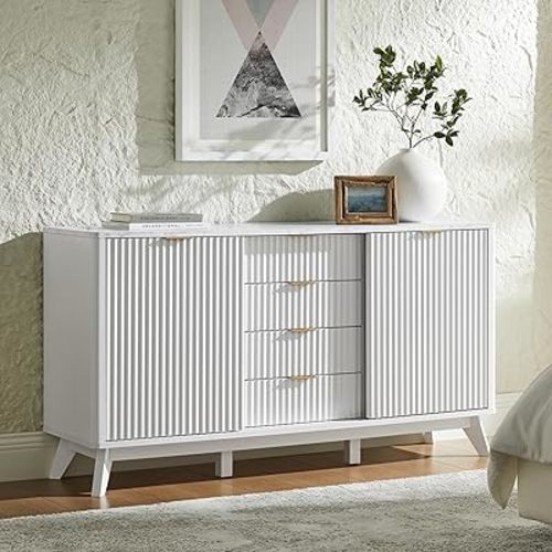 T4TREAM 60" Fluted Dresser with Sliding Doors and 4 Drawers, Modern Chest w/Faux Marble Top, Curved Profile Design, Dresser TV Stand, Wood Drawer Organizer for Bedroom, Living Room, Solid White