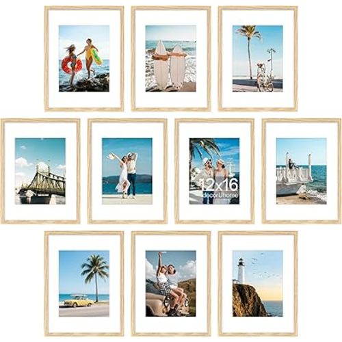decorUhome 12x16 Picture Frame Set of 10, Display 8.5x11 Certificate with Mat or 12x16 Poster Unmatted for Picture Frames Collage Wall Decor, Natural