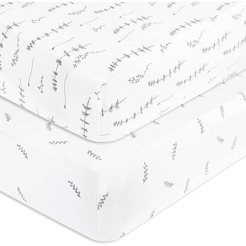 Pack and Play Sheet 2 Pack - Pack and Play Sheets Fitted with 100% Jersey Cotton - Pack N Play Mattress Sheets for Boys and Girls, Newborn Essentials (Neutral Forest Grey Floral and Leaves)