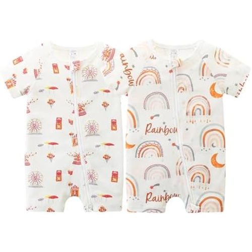 Unisex Summer Trendy 2-Pack Rompers Short Sleeve Zipped Bodysuit Infant Cotton Outfits