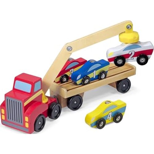 Melissa & Doug Magnetic Car Loader Wooden Toy Set with 4 Cars and Toy Truck - Pretend Play and Race Car Fun for Preschool Toys, Ages 3+