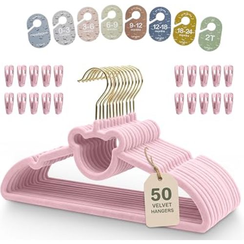 Velvet Baby Hangers with Clips & Size Dividers – 50 Pack Kids Velvet Hangers for Newborn to Toddler Clothes – Non Slip Space Saving Closet Organization