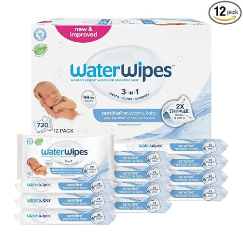 WaterWipes Sensitive+ Newborn & Baby Wipes, 3-In-1 Cleans, Cares, Protects, 99.9% Water, Unscented & Hypoallergenic, 720 Count (12 Packs)