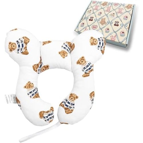 Toddler Travel Comfort Pillow for Car Seat and Stroller, Soft U-Shape Reversible Seat Accessory for Baby, Brown Bear