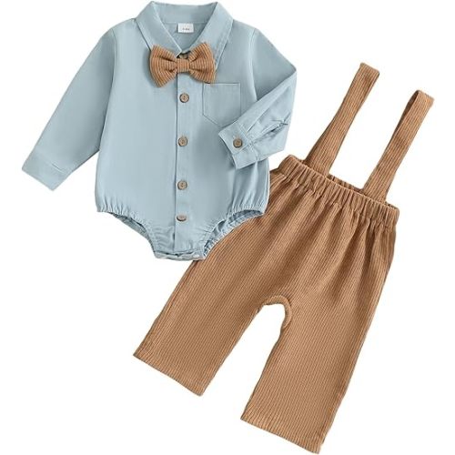 Infant Baby Boys Gentleman Outfits Long Sleeve Bowtie Romper+Suspender Overalls Pants Set Wedding Set Formal