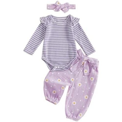 Kaipiclos Newborn Infant Girl Clothes Rib Knit Romper Daisy Print Pants Headband Baby Clothes for Girls 0 3 6 12 18 24 Months