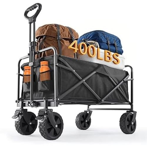 Sweetcrispy Collapsible Foldable Wagon Cart, Large Capacity Garden Cart with Wheels, Heavy Duty Utility Grocery Wagon with Drink Holders for Shopping Sports Camping,Extra Large Black