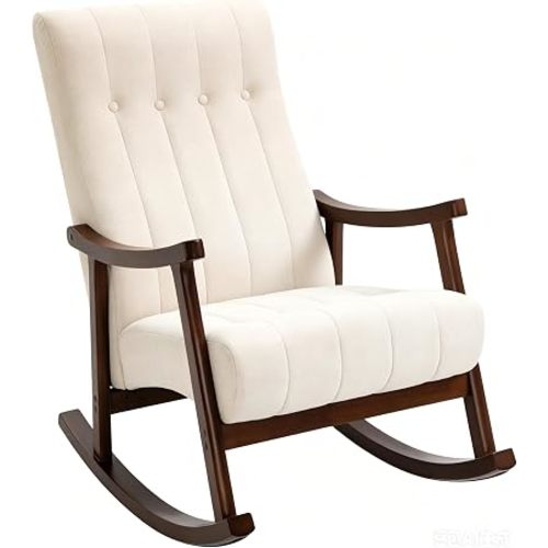 Rocking Chair, Beige Upholstered High Back Solid Wood Armchair