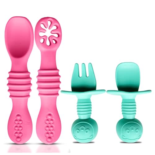 HippoBaby 4pc Silicone Baby Spoons Self Feeding Baby Utensils 6-12 Months - 3 Baby Spoon - 1 Baby Fork - Toddler Cutlery Set - BPA Free, Dishwasher Safe - Baby Eating Essentials (Pink/Blue)