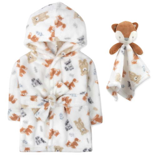 Baby Essentials Hooded Bathrobe with Tie Closure & Matching Minky Blanket Doll for Newborns, Infants and Toddlers 0 – 9 Months for Bath and Lounge in Forest Friends with Fox