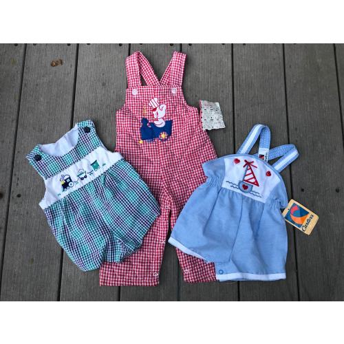 Vintage new baby boy clothes onesie red blue plaid 6-12 months