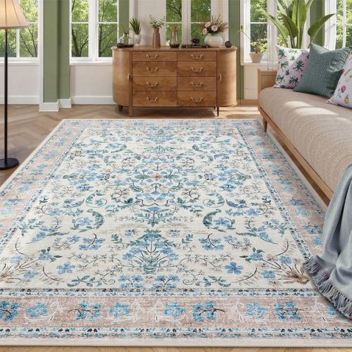 Washable Area Rug, 9x12 Boho Floral Soft Rugs for Living Room, Non Slip Low Pile Carpet for Bedroom, Dining Room, Nursery, Hallway, Blue: Reversible