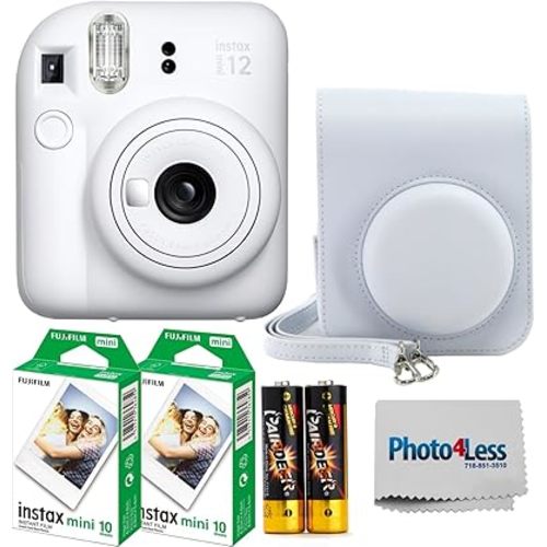 Fujifilm Instax Mini 12 Instant Film Camera Clay White, Fujifilm Instax Mini Twin Pack Instant Film 20 Prints, Prtotective Case, Gift Bundle