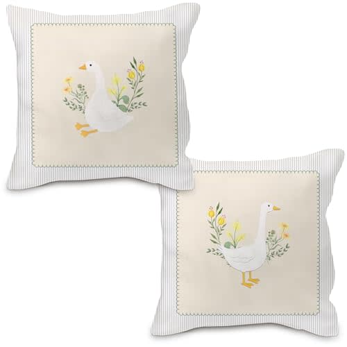 Nvotell Goose Floral Pillow Covers 18x18, Goose Nursery Decor, Vintage Flower Cute Geese Decorative Throw Pillow Case Covers for Baby Little Girls Room Bedroom, Set of 2
