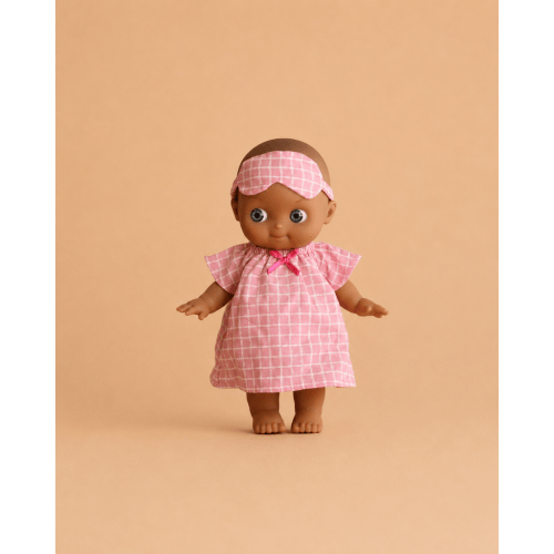 Minikane Mini Pancha Doll - Maia with Pink Checkered Nightgown