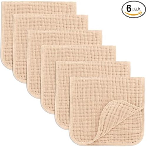 Comfy Cubs Muslin Burp Cloths 20" x 10", Pack of 6 - Large, 6-Layer, Ultra Absorbent 100% Cotton for Baby Drool and Messes - Soft, Safe & Gentle Baby Burp Cloths Set for Boys & Girls - Cream