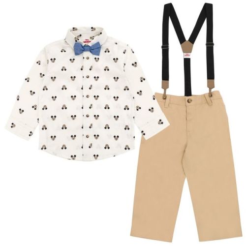 Disney Mickey Mouse Button Down Shirt, Twill Shorts, Suspenders and and Bow-Tie 4 Piece Outfit Set Infant