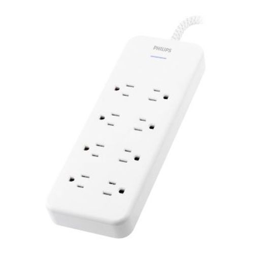 Philips 8-Outlet Surge 8' braided cord 2160J Adapter-Spaced - White: 8ft Cord, 2160 Joules, 8 Outlets