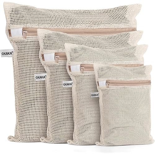 100% Cotton Mesh Laundry Bags, Premium Soft, No Dye, Set of 4, Natural