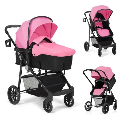 BABY JOY Baby Stroller, 2 in 1 Convertible Carriage Bassinet to Stroller, Pushchair with Foot Cover, Cup Holder, Large Storage Space, Wheels Suspension, 5-Point Harness (Pink)