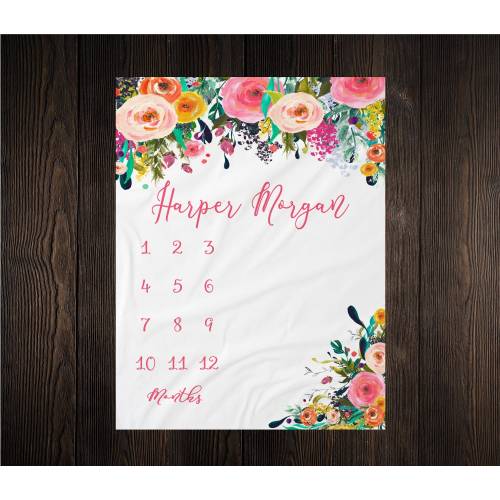 Girl Milestone Blanket Month Growth Tracker Minky Fleece Blanket Custom Personalized Baby Shower Gift Watercolor Floral Newborn