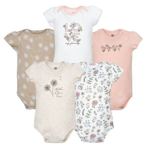 Hudson Baby Infant Girls Cotton Bodysuits 5-Pack, Dandelion Wish, 3-6 Months